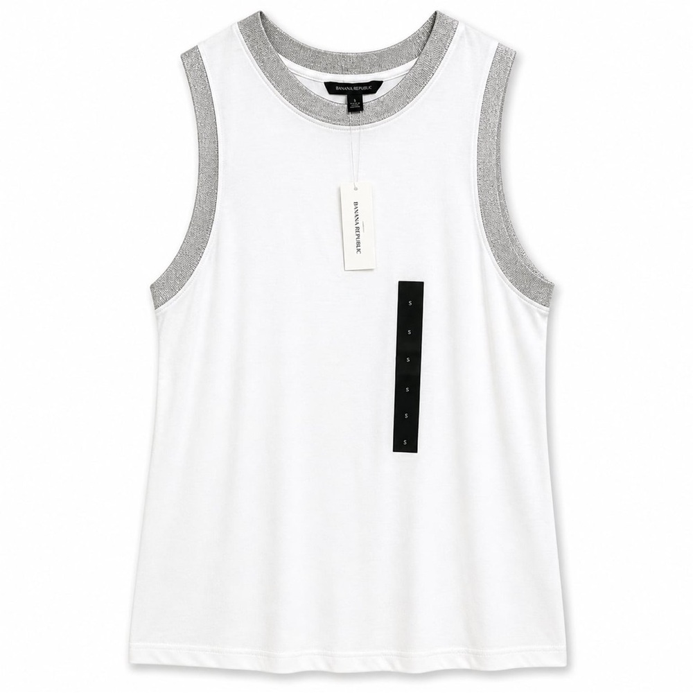 Banana Republic White Tank Top S Shine Trim Minimalist Layering Summer Basic NWT
